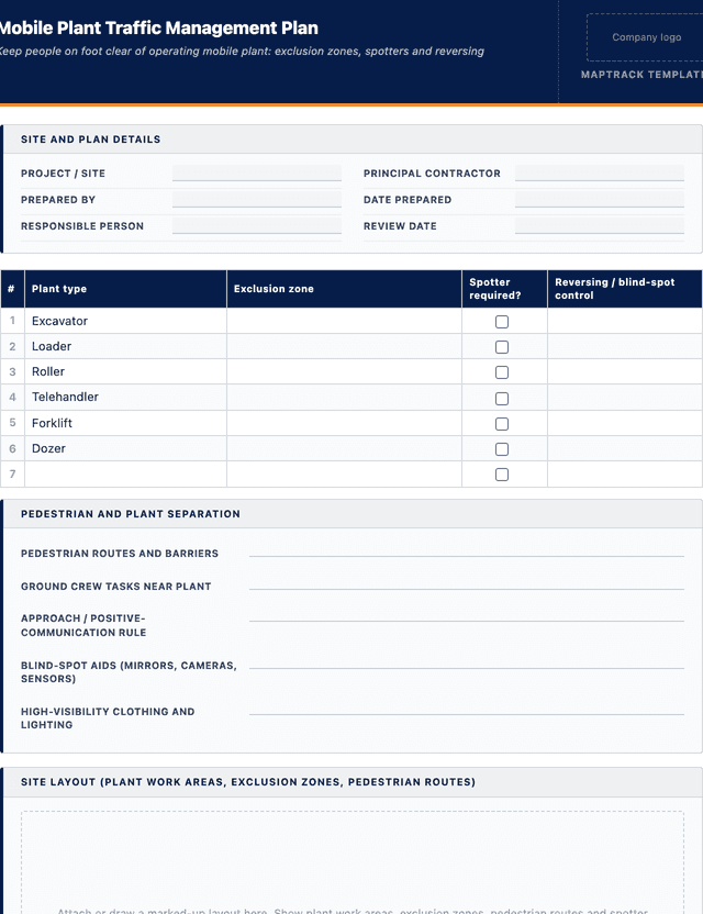 Mobile plant traffic management plan template template preview showing fields and layout