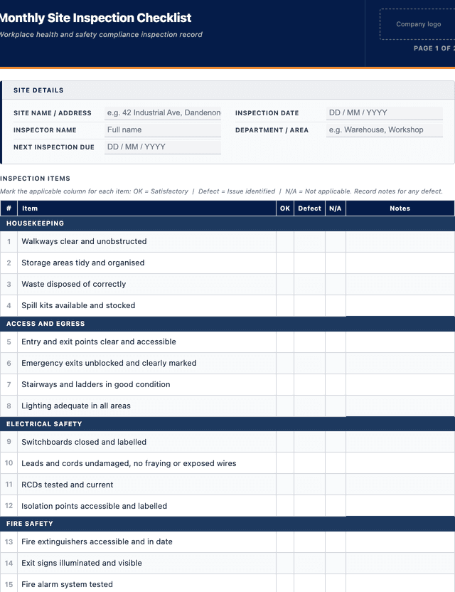 Monthly site inspection checklist template preview showing fields and layout