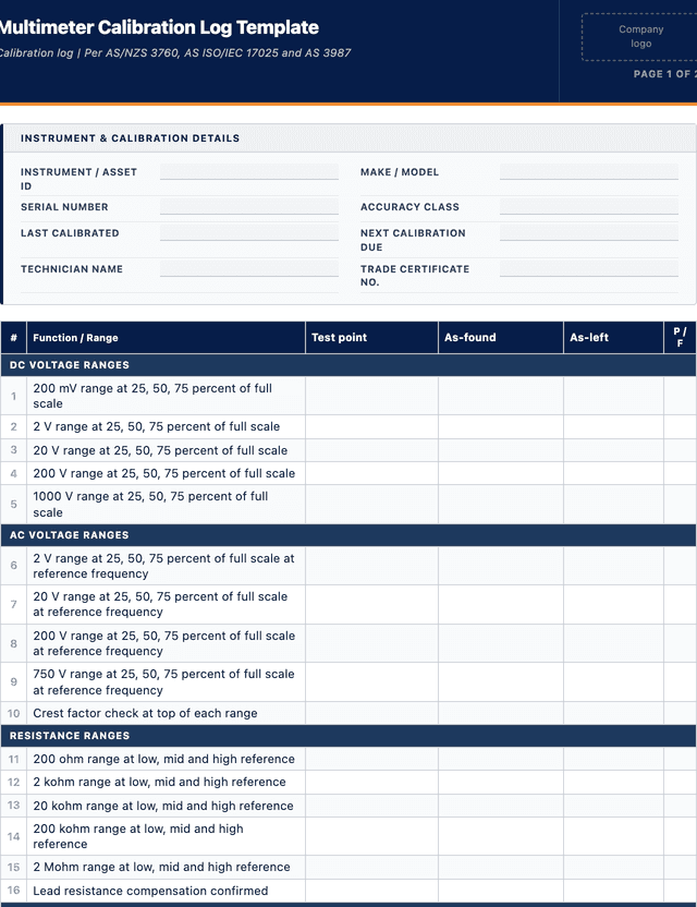 Multimeter Calibration Log Template template preview showing fields and layout