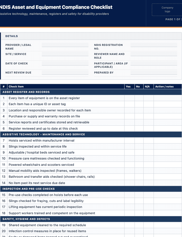 NDIS Asset and Equipment Compliance Checklist template preview showing fields and layout