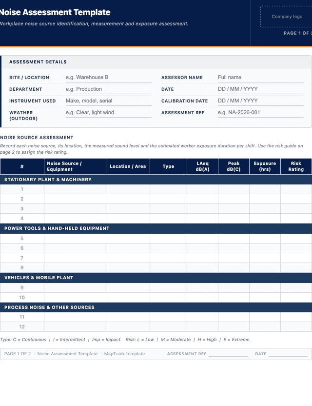 Noise Assessment Template template preview showing fields and layout