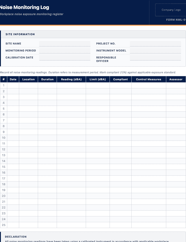 Noise monitoring log template preview showing fields and layout