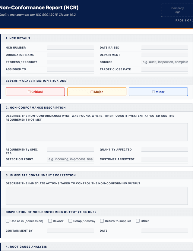 Non-conformance report template template preview showing fields and layout