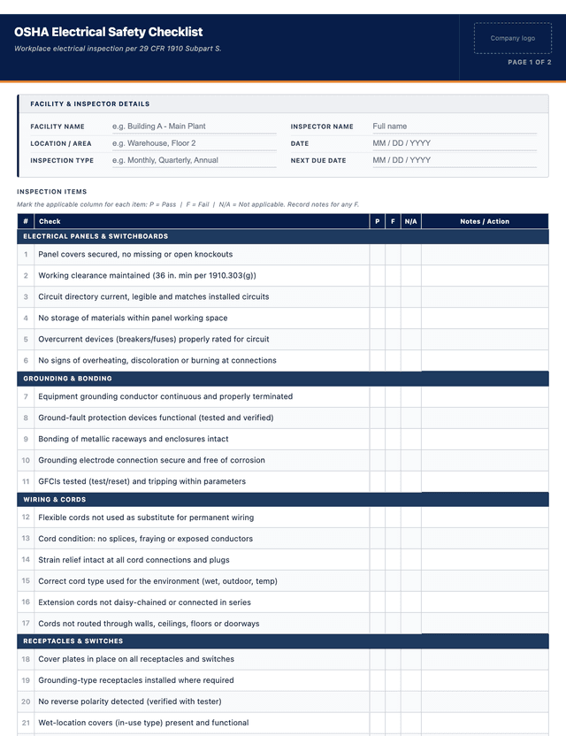 Osha Electrical Checklist.pdf Free OSHA Electrical Safety Checklist (PDF) | MapTrack