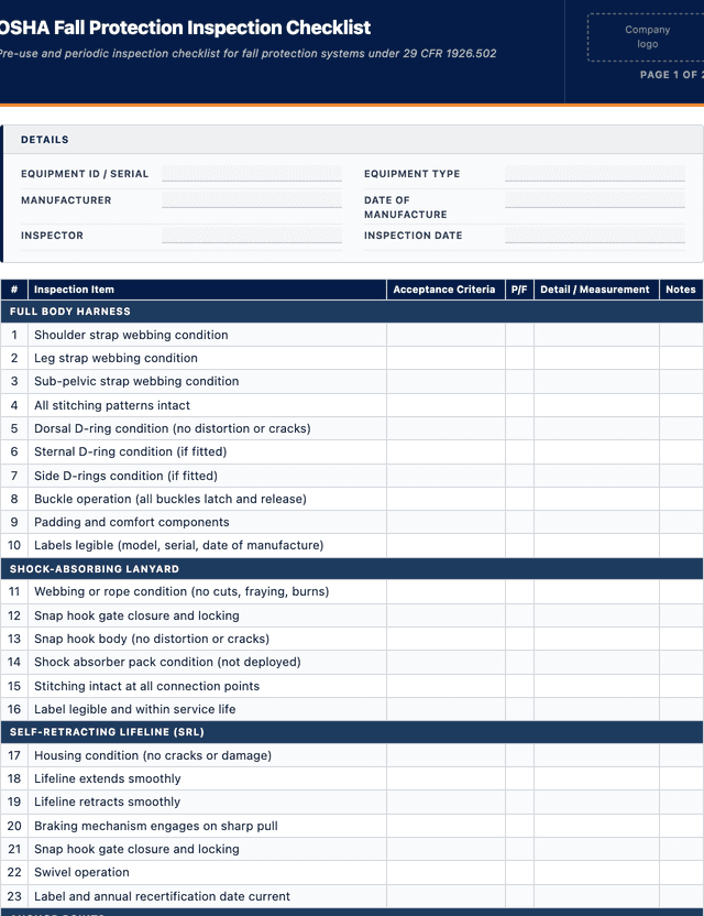 Osha Fall Protection Inspection Checklist Free OSHA Fall Protection Inspection Checklist 2026