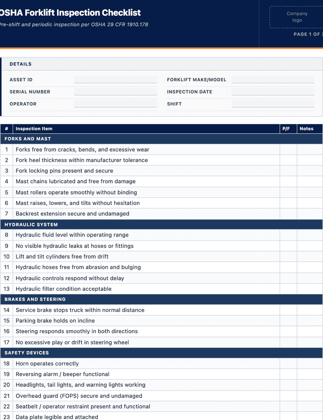 OSHA Forklift Inspection Checklist template preview showing fields and layout