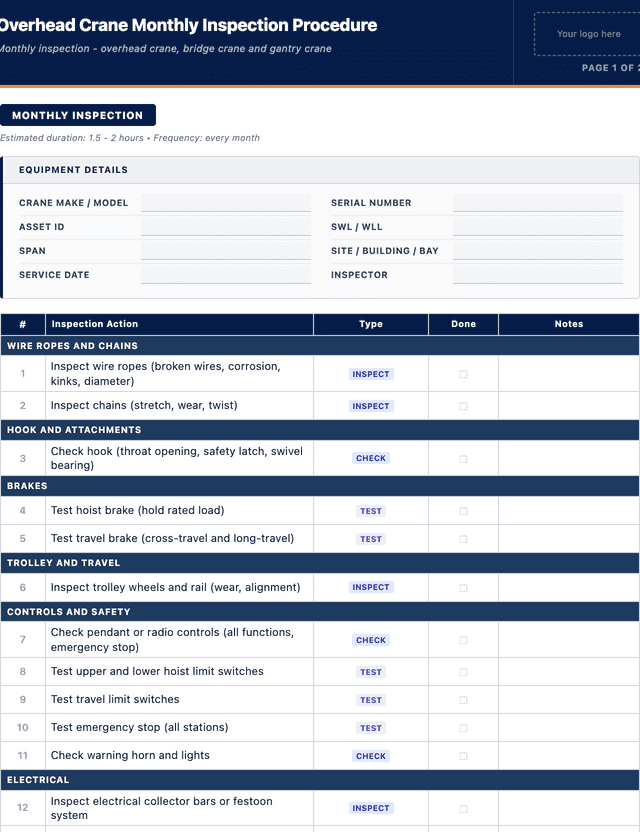 Overhead crane monthly inspection procedure template preview showing fields and layout
