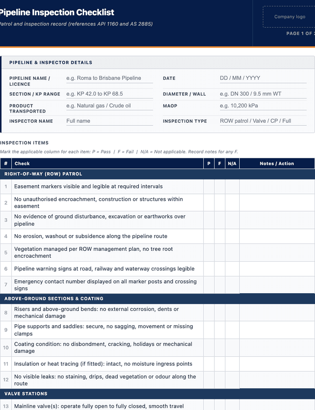 Pipeline inspection checklist template preview showing fields and layout