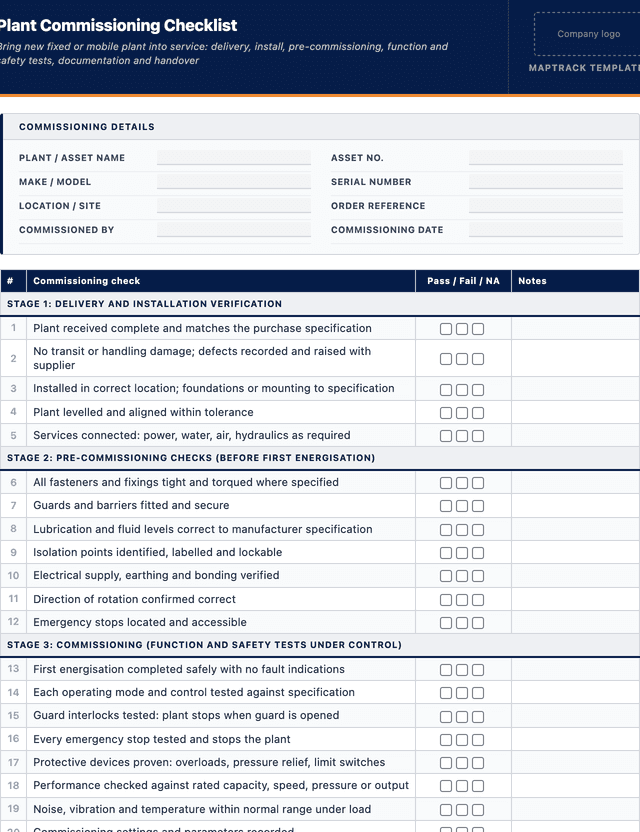 Plant commissioning checklist template preview showing fields and layout
