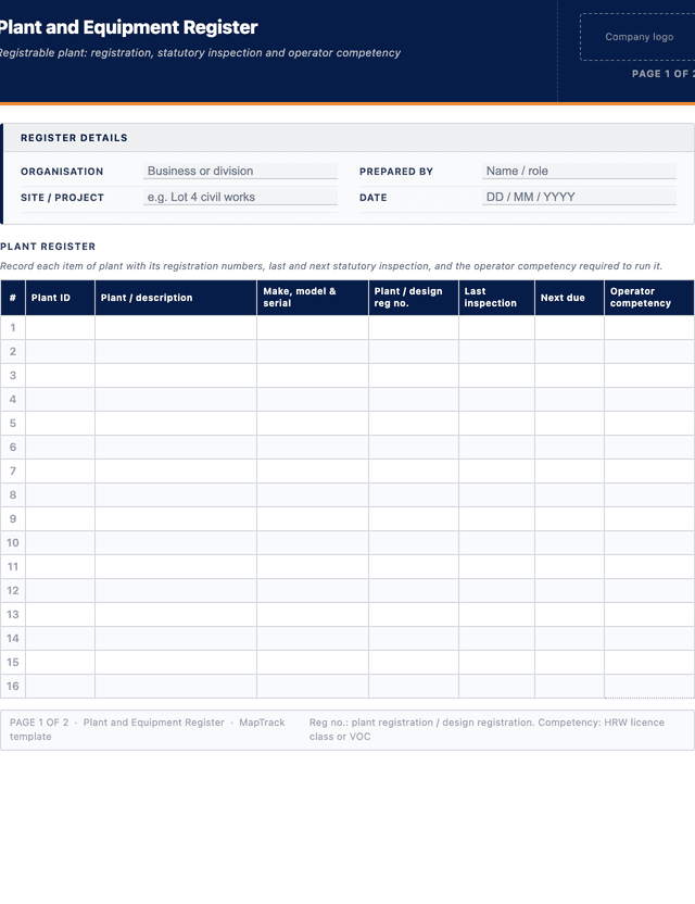 Plant and equipment register template preview showing fields and layout