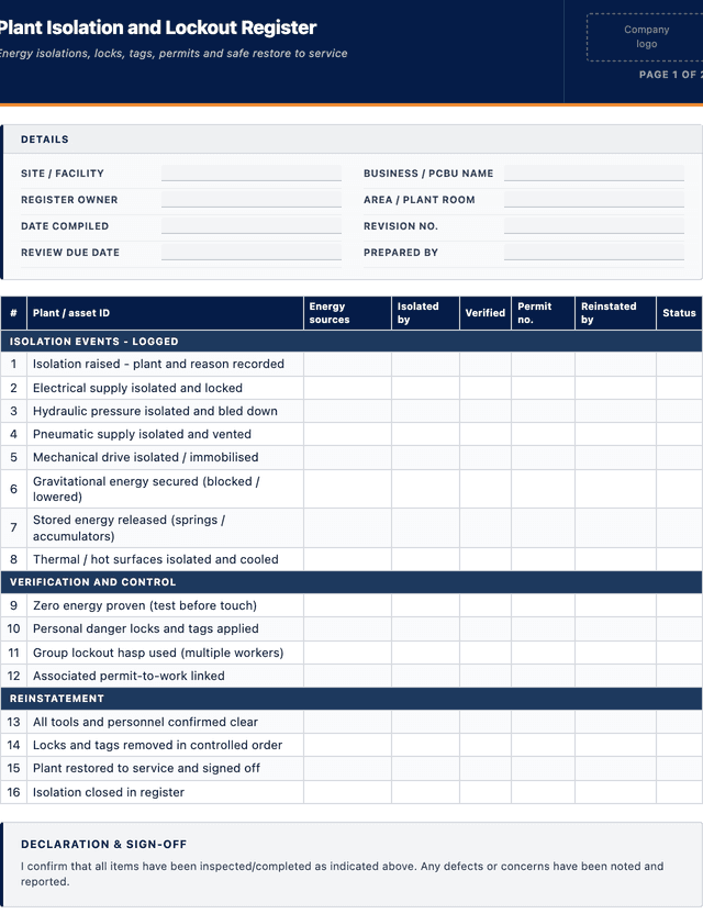 Plant Isolation and Lockout Register template preview showing fields and layout