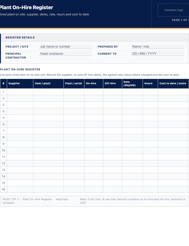 Plant on-hire register template preview showing fields and layout