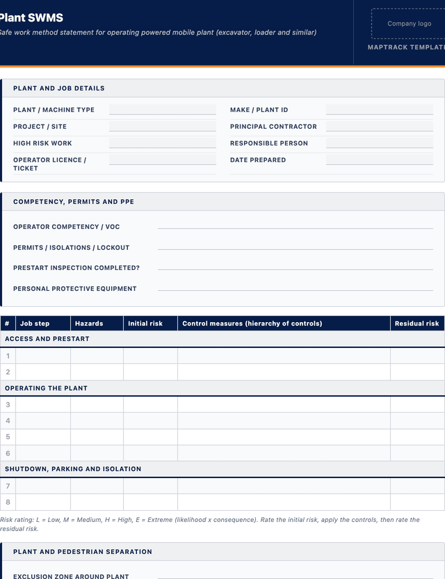 Plant SWMS template template preview showing fields and layout