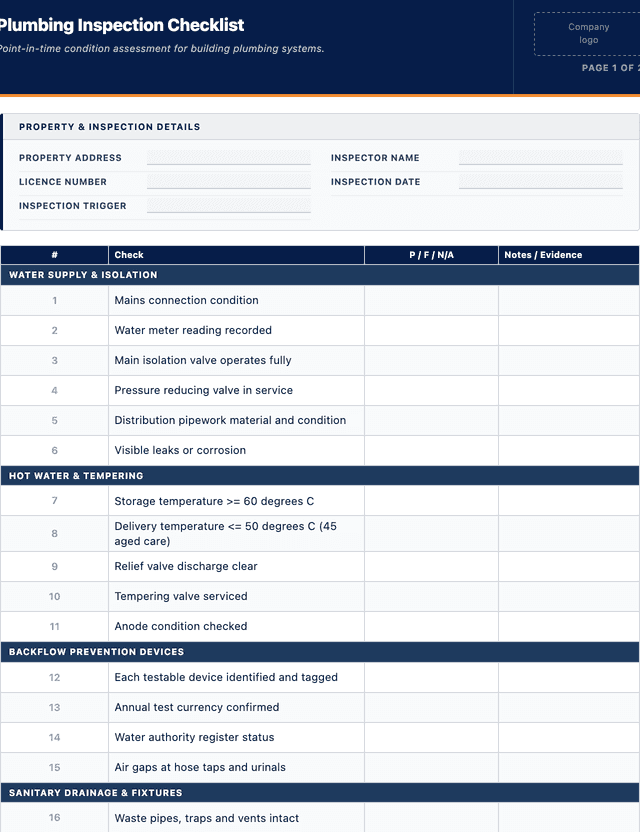 Plumbing inspection checklist template preview showing fields and layout