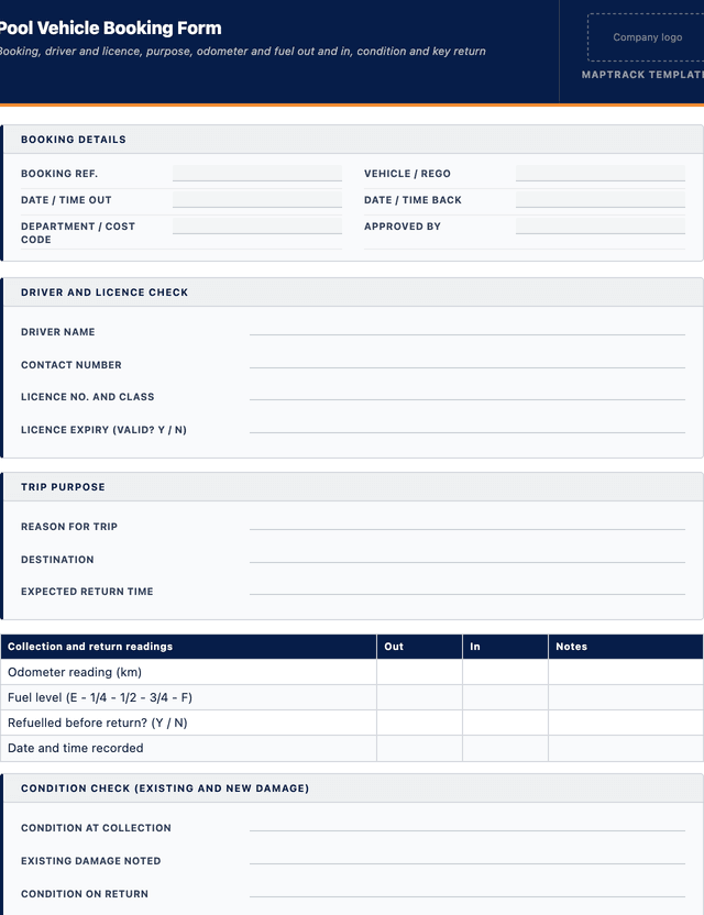 Pool vehicle booking form template preview showing fields and layout