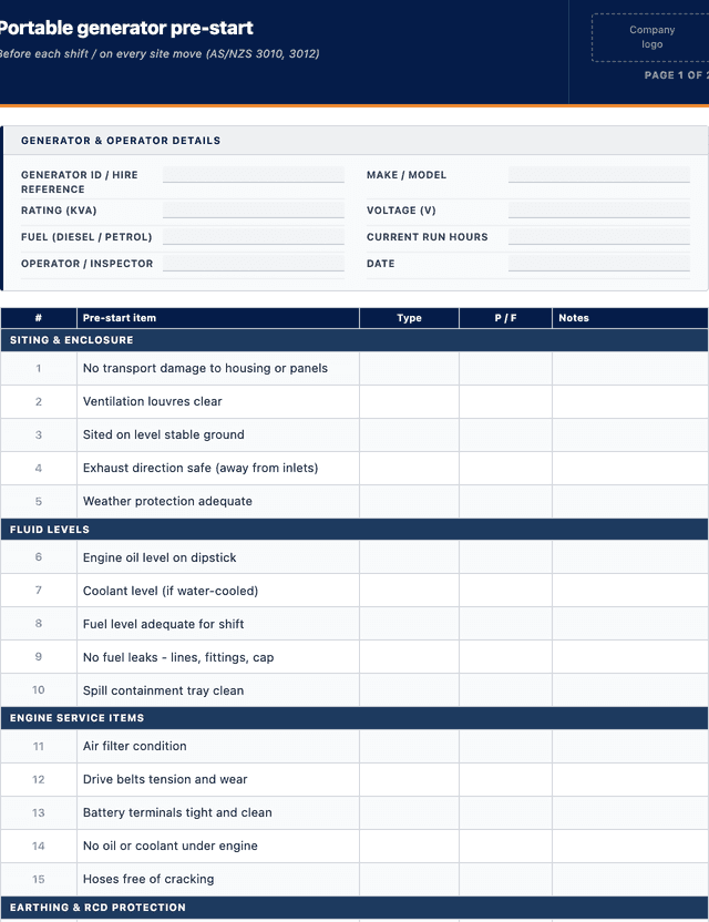 Portable generator pre-start checklist template preview showing fields and layout
