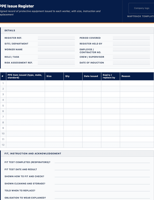 PPE issue register template preview showing fields and layout