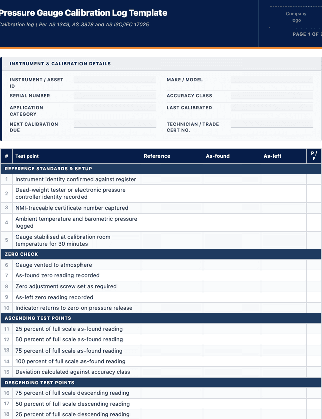 Pressure Gauge Calibration Log Template template preview showing fields and layout