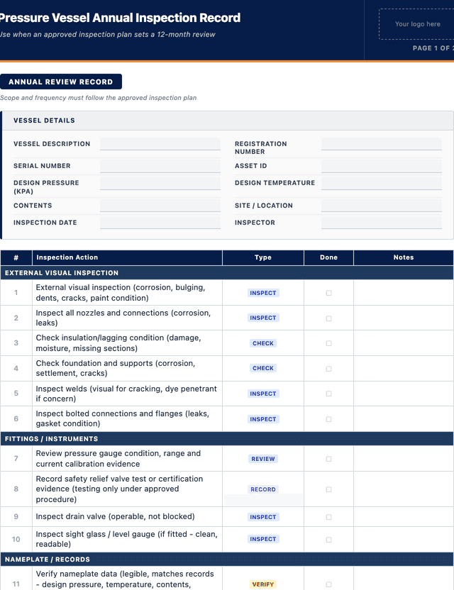 Pressure vessel annual inspection record template preview showing fields and layout