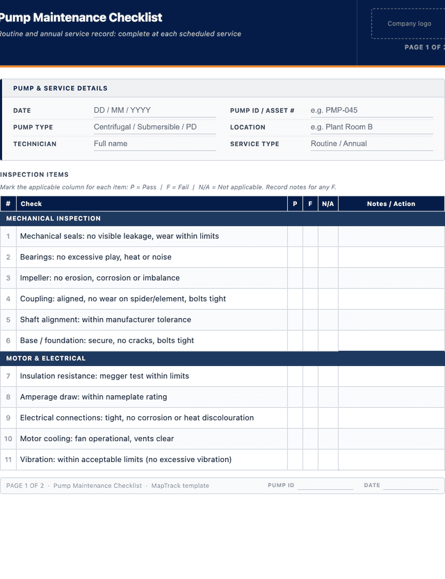 Pump maintenance checklist template preview showing fields and layout