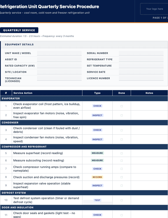 Refrigeration unit quarterly service procedure template preview showing fields and layout