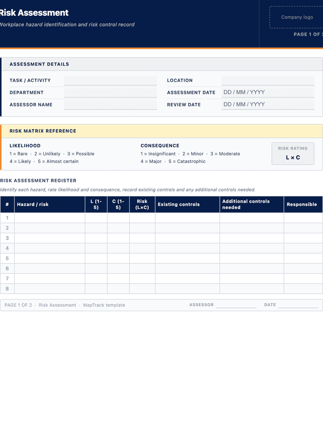 Risk assessment template template preview showing fields and layout