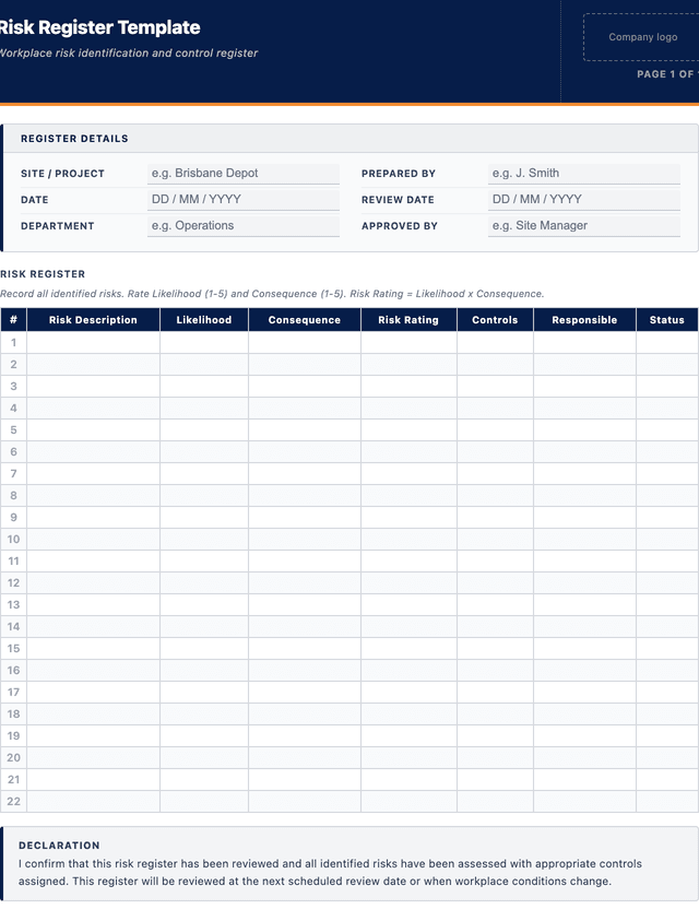 Risk register template template preview showing fields and layout