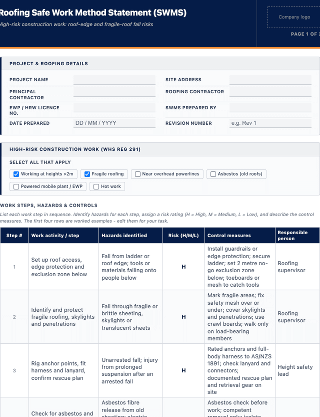 Roofing SWMS template template preview showing fields and layout