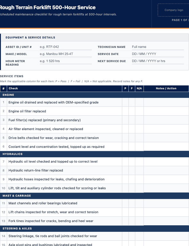 Rough terrain forklift 500-hour service template preview showing fields and layout