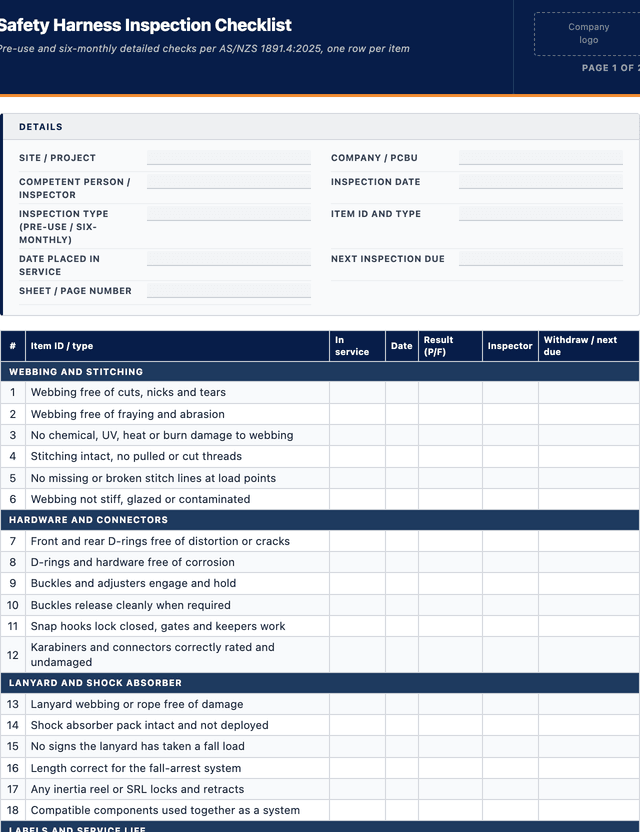 Safety Harness Inspection Checklist template preview showing fields and layout