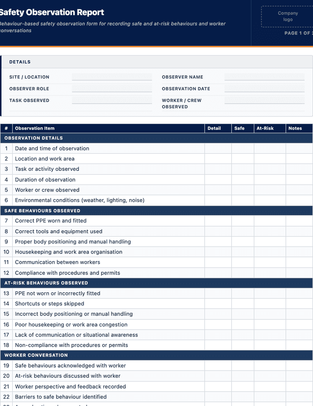 Safety observation report template preview showing fields and layout