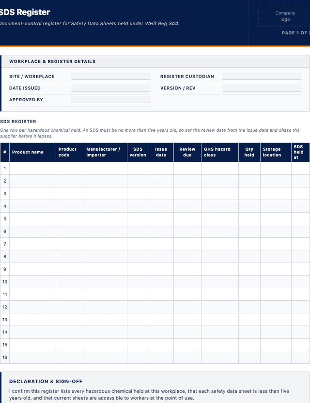 SDS register template template preview showing fields and layout