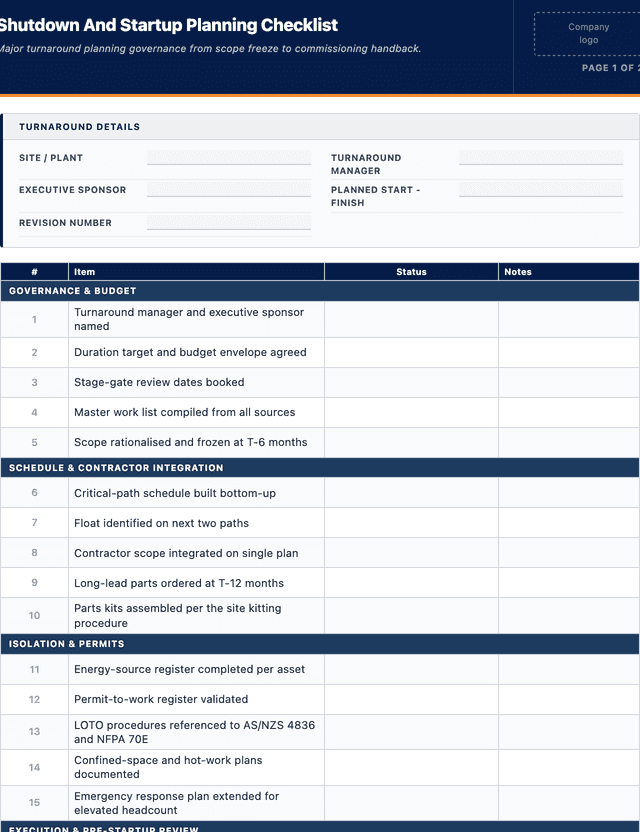 Shutdown and startup planning checklist template preview showing fields and layout