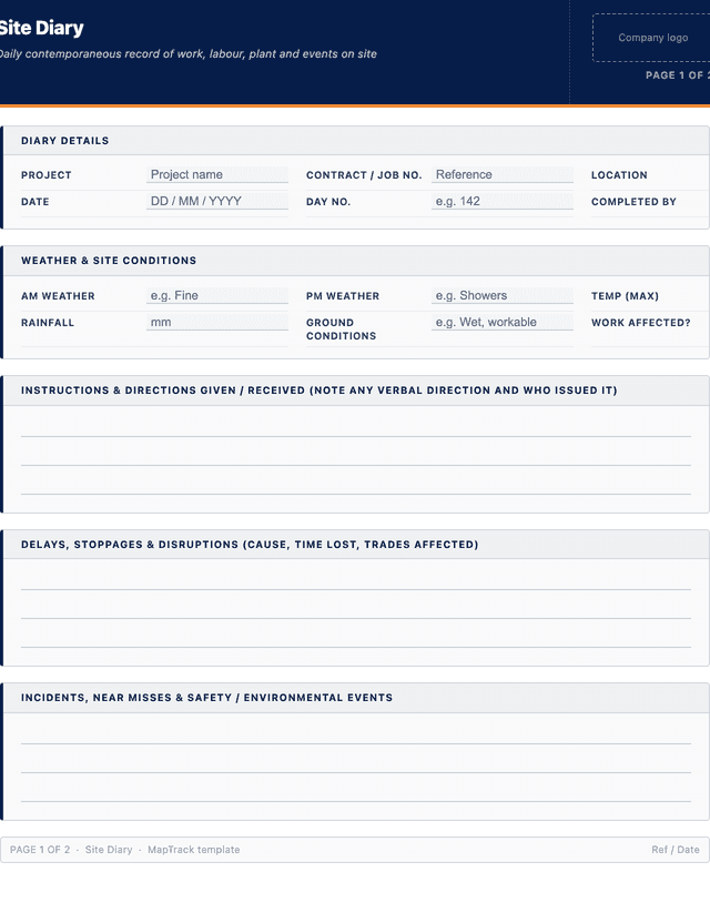 Site diary template template preview showing fields and layout