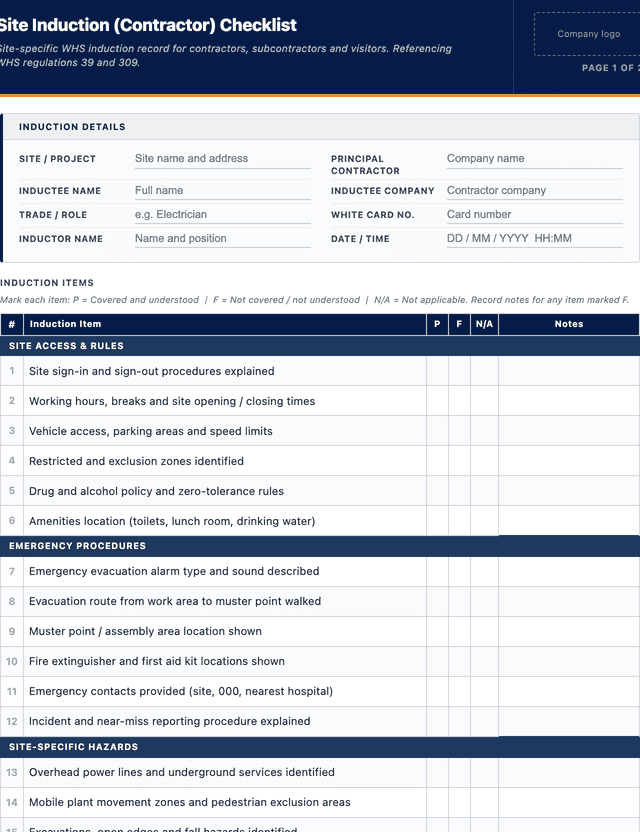 Site induction (contractor) checklist template preview showing fields and layout