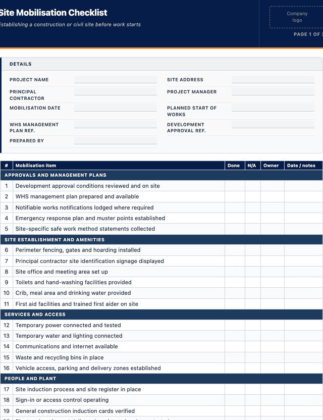 Site Mobilisation Checklist template preview showing fields and layout