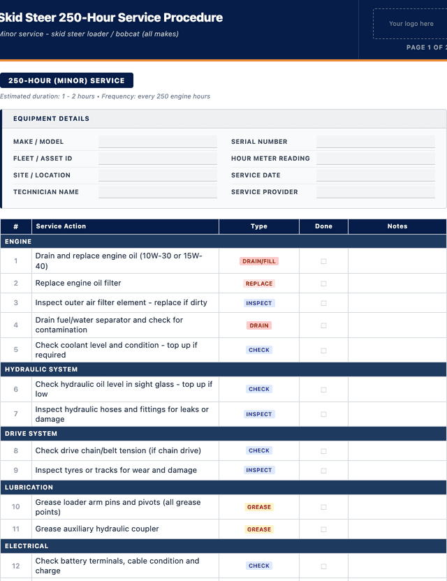 Skid steer 250-hour service procedure template preview showing fields and layout