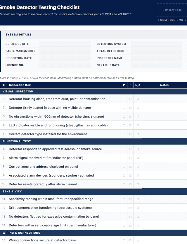 Smoke detector testing checklist template preview showing fields and layout
