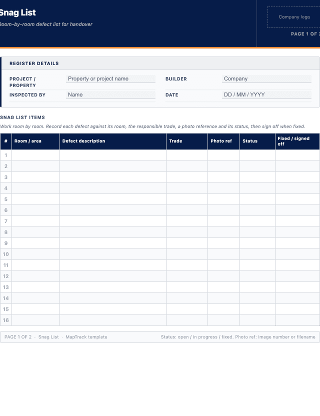 Snag list template template preview showing fields and layout