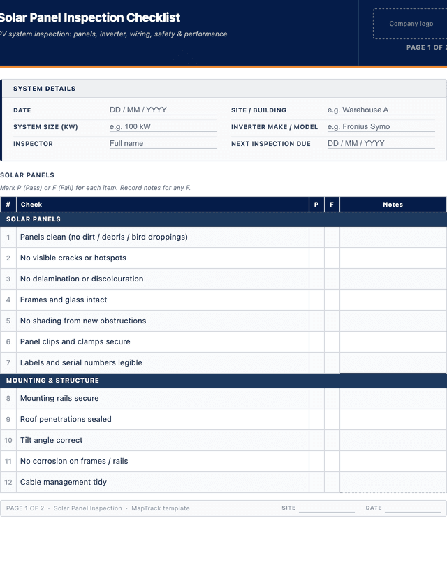 Solar panel inspection checklist template preview showing fields and layout
