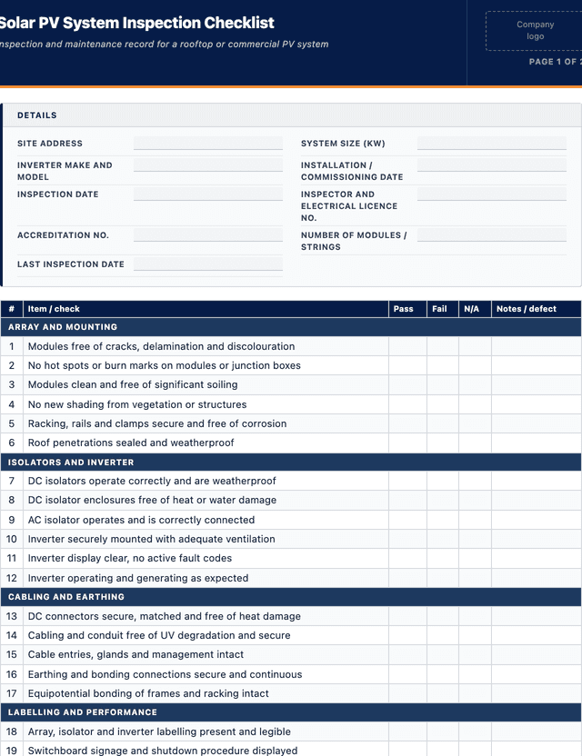 Solar PV System Inspection Checklist template preview showing fields and layout