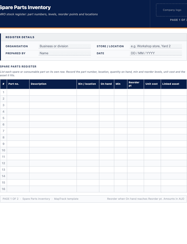 Spare parts inventory template template preview showing fields and layout