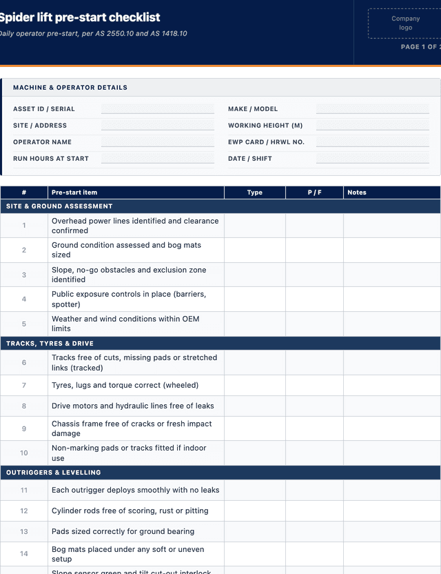 Spider Lift Pre-Start Checklist template preview showing fields and layout