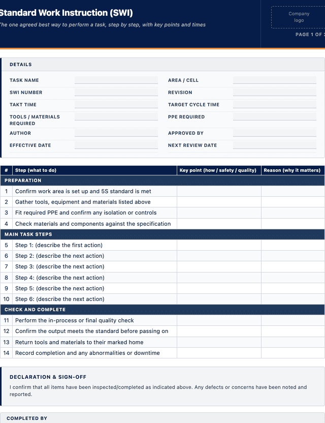 Standard Work Instruction (SWI) template preview showing fields and layout