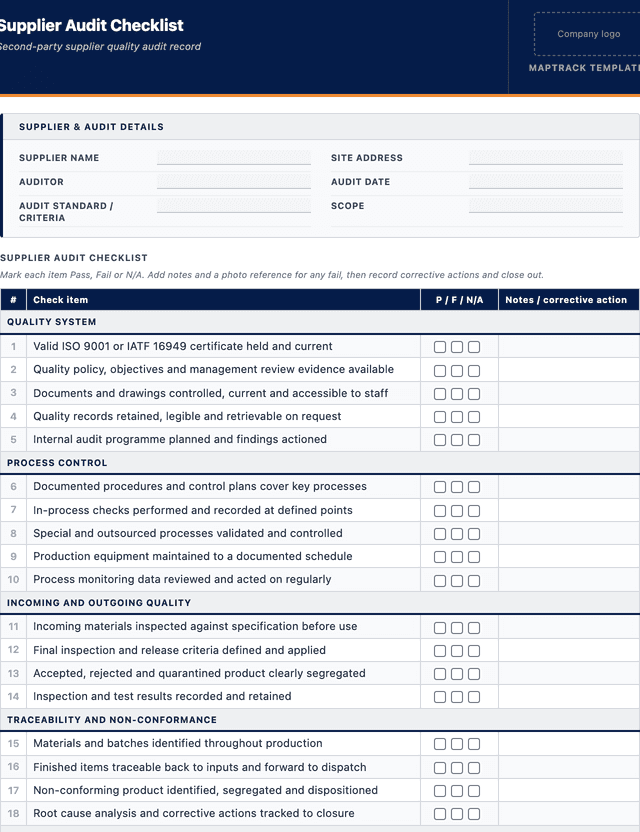 Supplier audit checklist template preview showing fields and layout