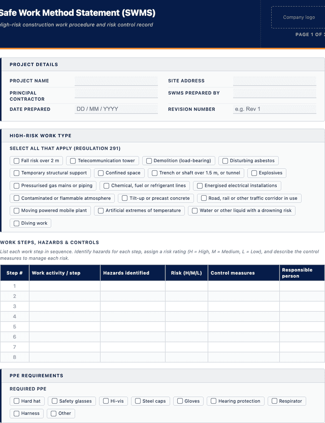 SWMS template template preview showing fields and layout