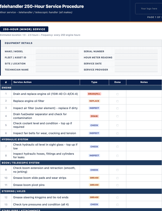 Telehandler 250-hour service procedure template preview showing fields and layout