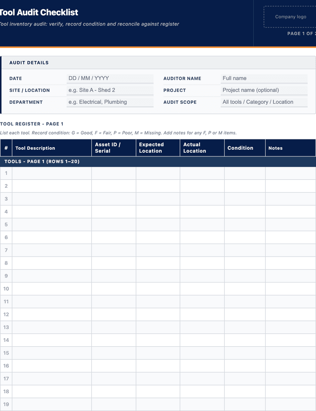Tool audit checklist template preview showing fields and layout