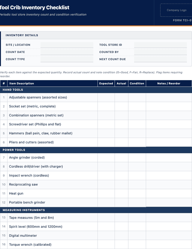 Tool crib inventory checklist template preview showing fields and layout