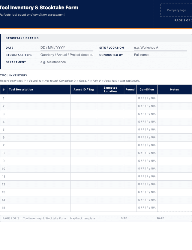 Tool inventory and stocktake form template preview showing fields and layout
